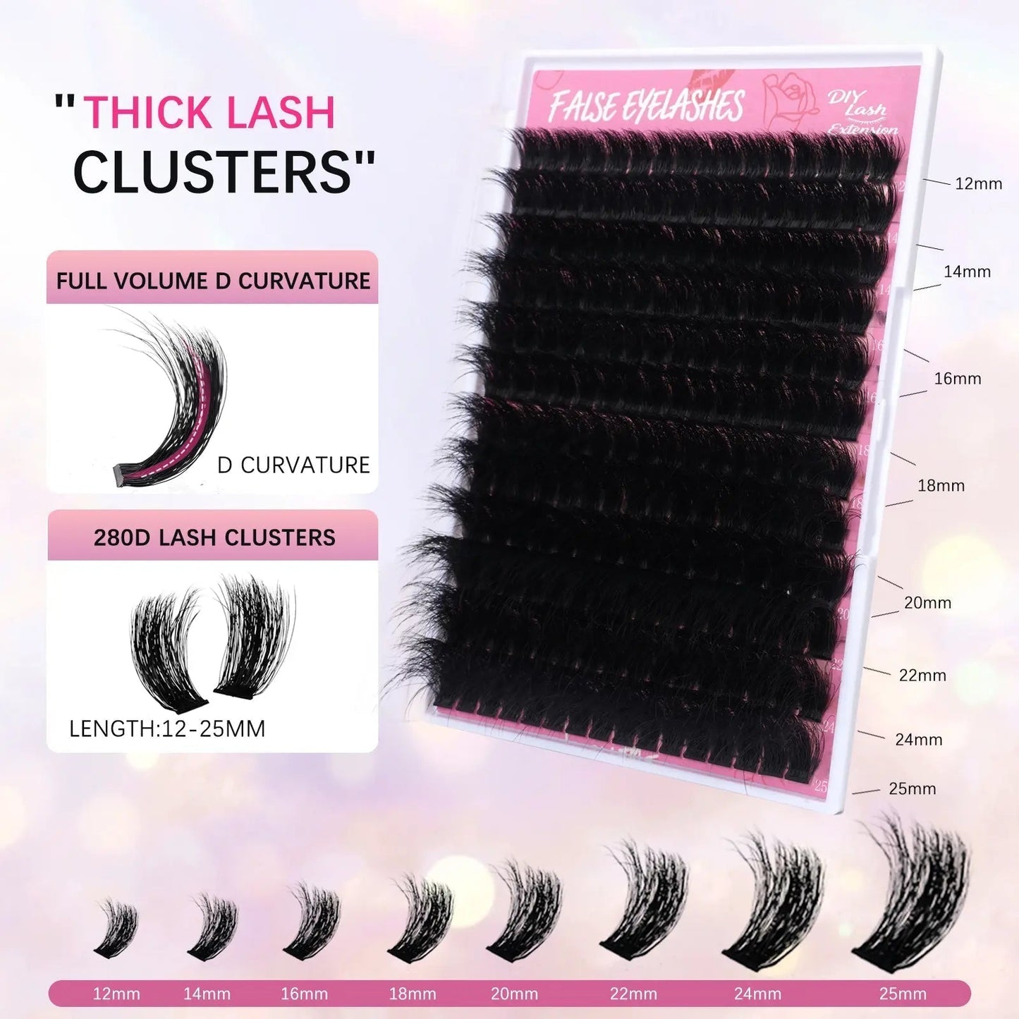 Fluffy Lash Clusters Thick 280D Volume Eyelash Clusters 12-25Mm Wispy Individual Lashes D Curly Cluster Eyelash Extensions DIY Lash Extension for Beginners
