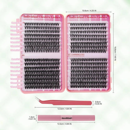 Lash Extension Kit DIY Lash Clusters Kit Cluster Lashes Mixed Tray Eyelash Extension Kit Soft Individual Lashes with Lash Bond and Seal,Lash Tweezers Natural Look