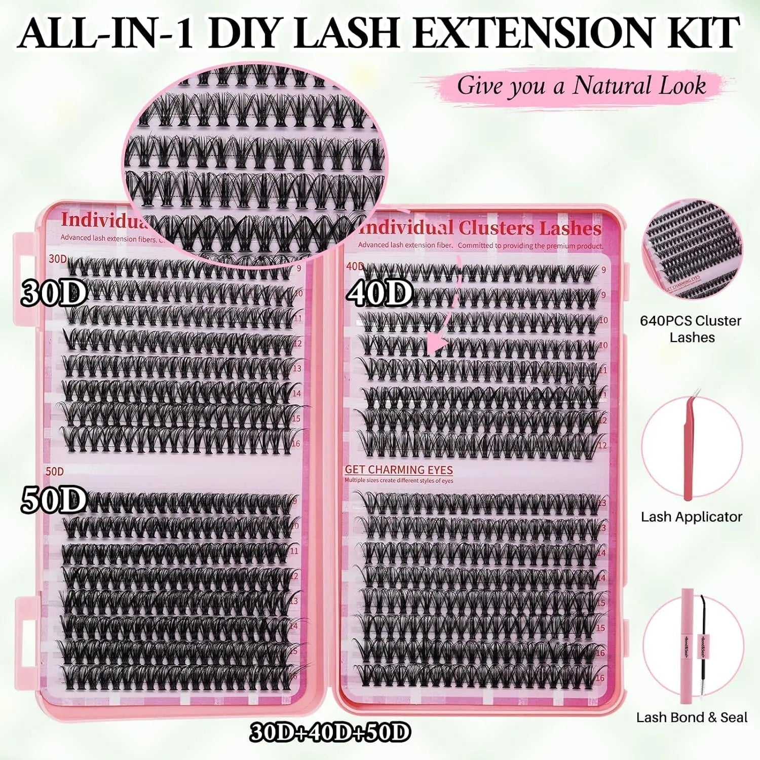 Lash Extension Kit DIY Lash Clusters Kit Cluster Lashes Mixed Tray Eyelash Extension Kit Soft Individual Lashes with Lash Bond and Seal,Lash Tweezers Natural Look