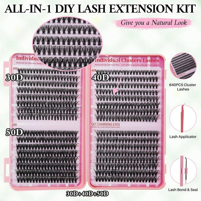 Lash Extension Kit DIY Lash Clusters Kit Cluster Lashes Mixed Tray Eyelash Extension Kit Soft Individual Lashes with Lash Bond and Seal,Lash Tweezers Natural Look